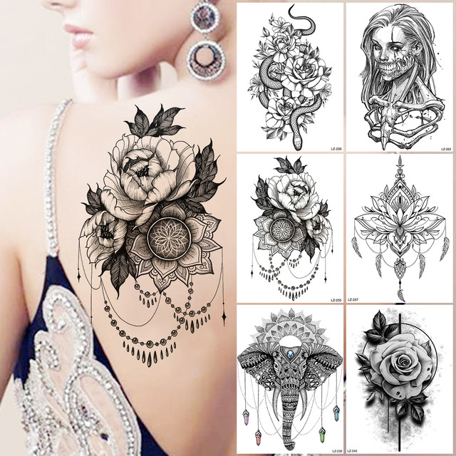 Fake Jewels Mandala Henna Flower Rose Temporary Tattoos For Women Girls  Snake Flora Fake Tattoo Sticker Sexy Back Body Tatoos - Temporary Tattoos -  AliExpress